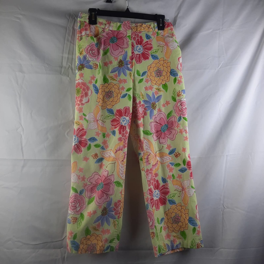 Talbots Bold Bright Lime green Floral Butterflies Stretch HI rise Crop pants 10